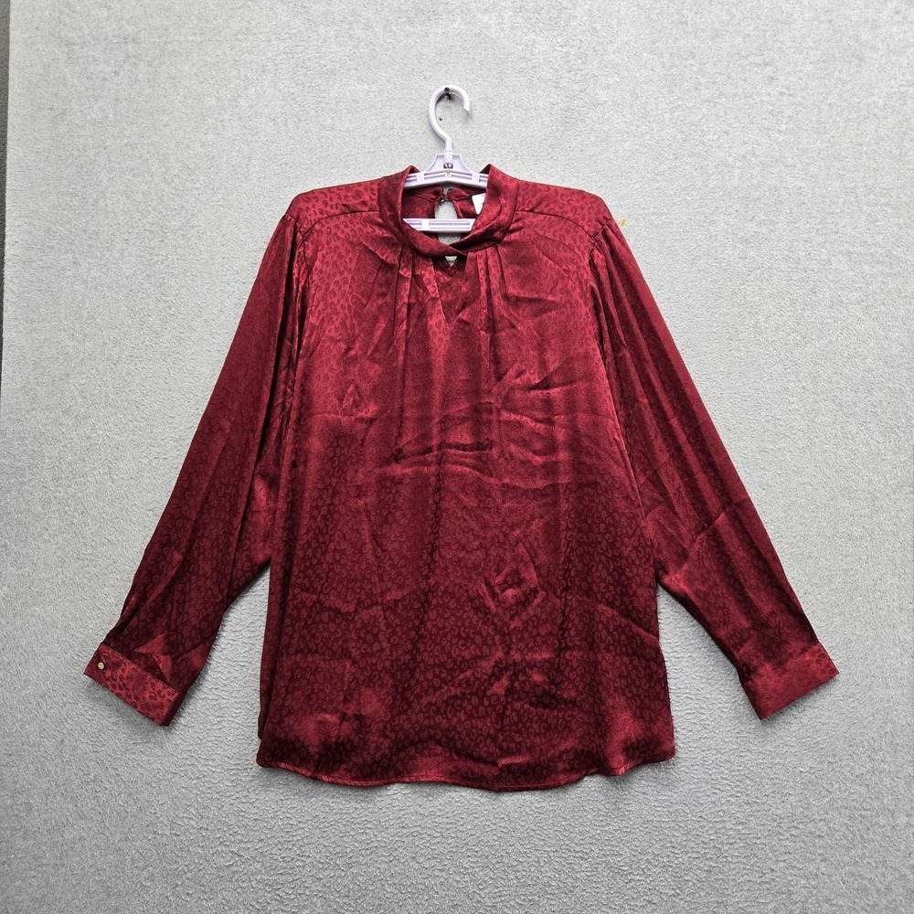 Roz & Ali Women Blouse 2X Red Animal Print High Neck Long Sleeve Statin NWT